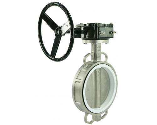 Затвор дисковый поворотный 316L-316L-PTFE DN100 PN-16, корпус - нержавеющая сталь, диск - нержавеющая сталь, PTFE, с редуктором RDN-2