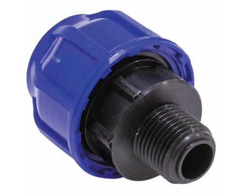 Муфта компрессионная TEBO KOM-NR Dn25x3/4″ Ру-10 для ПНД труб, переходная, разъемная, НР, корпус - полипропилен