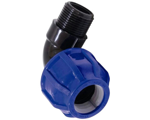 Отвод компрессионный TEBO KOM-NR Dn25x1″ Ру-10 для ПНД труб, переходной, разъемный, НР, корпус - полипропилен