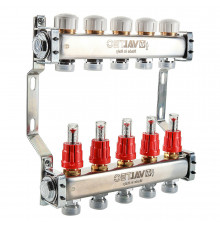 Коллекторный блок из нержавеющей стали Valtec VTc.584.EMNX 1″ ДУ-25 PN-6, выходов-3x3/4″ с регулировочными клапанами и расходомерами, резьба - наружная, присоединение - евроконус
