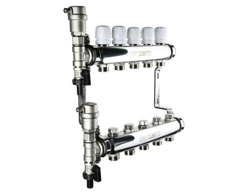 Коллекторный блок из нержавеющей стали Valtec VTc.588.EMNX 1″ ДУ-25 PN-9, выходов-5x3/4″ с регулировочными клапанами и расходомерами, резьба - наружная, присоединение - евроконус