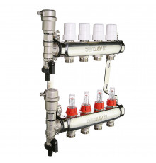 Коллекторный блок из нержавеющей стали Valtec VTc.589.EMNX 1″ ДУ-25 PN-9, выходов-10x3/4″ с регулировочными клапанами и расходомерами, резьба - наружная, присоединение - евроконус
