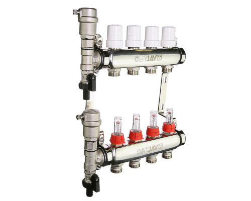 Коллекторный блок из нержавеющей стали Valtec VTc.589.EMNX 1″ ДУ-25 PN-9, выходов-3x3/4″ с регулировочными клапанами и расходомерами, резьба - наружная, присоединение - евроконус