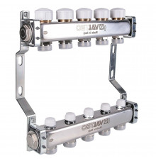 Коллекторный блок из нержавеющей стали Valtec VTc.582.EMNX 1″ ДУ-25 PN-10, выходов-10x3/4″ с регулировочными клапанами и расходомерами, резьба - наружная, присоединение - евроконус