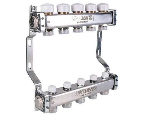 Коллекторный блок из нержавеющей стали Valtec VTc.582.EMNX 1″ ДУ-25 PN-10, выходов-3x3/4″ с регулировочными клапанами и расходомерами, резьба - наружная, присоединение - евроконус