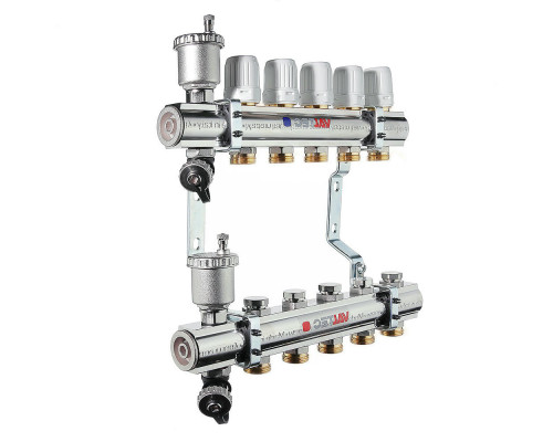 Коллекторный блок из нержавеющей стали Valtec VTc.594.EMNX 1″ ДУ-25 PN-10, выходов-6x3/4″ с регулировочными клапанами и расходомерами, резьба - наружная, присоединение - евроконус