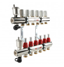 Коллекторный блок из нержавеющей стали Valtec VTc.596.EMNX 1″ ДУ-25 PN-10, выходов-3x3/4″ с регулировочными клапанами и расходомерами, резьба - наружная, присоединение - евроконус