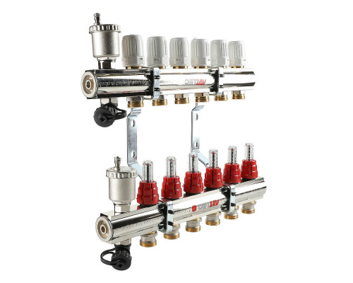 Коллекторный блок из нержавеющей стали Valtec VTc.596.EMNX 1″ ДУ-25 PN-10, выходов-4x3/4″ с регулировочными клапанами и расходомерами, резьба - наружная, присоединение - евроконус