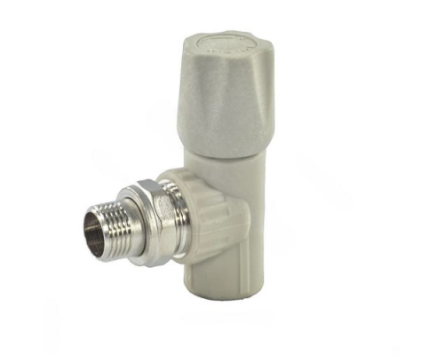 Клапан запорный Valfex 3/4″ Ду-25 PN-25 НР угловой, материал - PP-R, тип присоединения - резьбовое - внутренняя пайка, цвет - серый, для радиатора