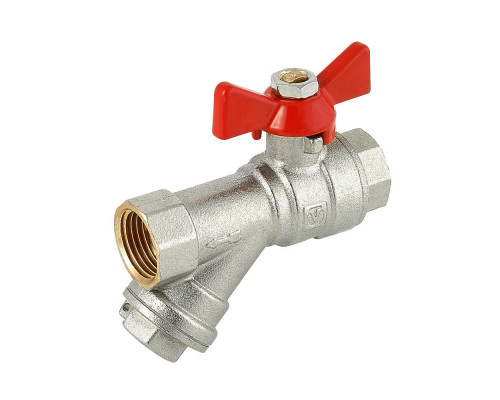 Кран шаровой Valtec COMBI VT.293.N.04 1/2″ ДУ-15 PN-16 муфтовый, полнопроходной, присоединение внутренняя/внутренняя резьба, со встроенным фильтром, управление ручка-бабочка, латунный никелированный