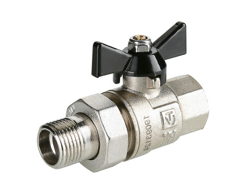 Кран шаровой Valtec PERFECT VT.327.N.04 1/2″ ДУ-15 PN-80 муфтовый, полнопроходной, усиленный, присоединение внутренняя резьба/американка, с полусгоном, управление ручка-бабочка, латунный никелированный