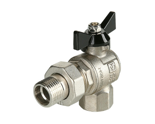 Кран шаровой Valtec PERFECT VT.328.N.05 3/4″ ДУ-20 PN-80 муфтовый, полнопроходной, усиленный, угловой, присоединение внутренняя резьба/американка, с полусгоном, управление ручка-бабочка, латунный никелированный