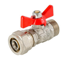Кран шаровой Valtec VT.341.N.1604 16х1/2″ Дн16xДУ-15 PN-10 для металлопластиковых труб, стандартнопроходной, присоединение компрессионное/наружная резьба, управление ручка-бабочка, латунный никелированный