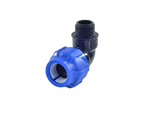 Отвод компрессионный ПЭ VALFEX 121001 НР Dn50x1 1/2″ Ру-16 90° с наружной резьбой