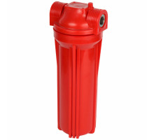 Фильтр магистральный Акватек FMR 3/4″ Ду-20 Ру-6 для горячей воды, без картриджа, непрозрачный красный корпус 10″, присоединение - ВР