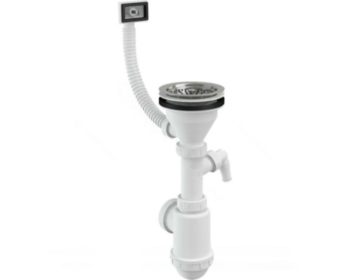 Сифон для кухонной мойки бутылочный Alca A447P-DN50/40 3 1/2″х40/50 с гибким переливом, с отводом (штуцером), с нержавеющей решеткой