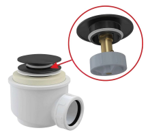 Сифон для поддона душевого Alca Plast A465BLACK-50 1 1/2″x50/40, высота - 72 мм, со сливным клапаном с системой закрытия "клик-клак", пробка диаметром 70 мм