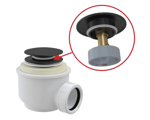 Сифон для поддона душевого Alca Plast A465BLACK-50 1 1/2″x50/40, высота - 72 мм, со сливным клапаном с системой закрытия "клик-клак", пробка диаметром 70 мм