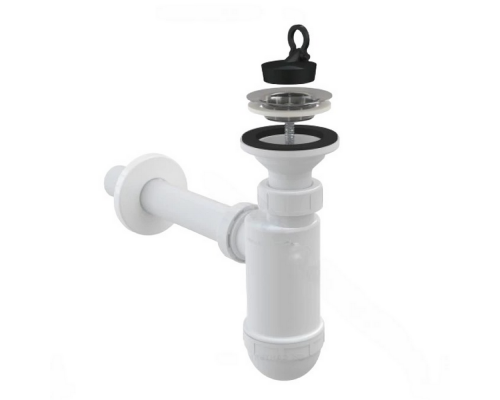 Сифон для умывальника Alca Plast A410 1 1/4″x32 бутылочный, с прямой трубкой диаметром 32 мм, литой выпуск с нержавеющей решеткой диаметром 63 мм