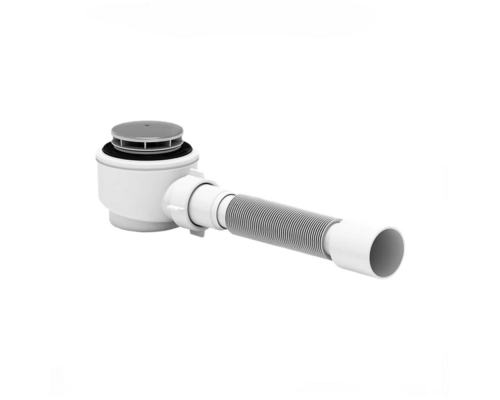 Сифон для поддона душевого АНИ Пласт E415C 1 1/2″x50/40, высота - 74 мм, с гофрой 40х50 мм, слив крышкой диаметром 70 мм
