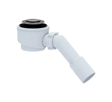 Сифон для поддона душевого АНИ Пласт E411CLS 1 1/2″x50/40, высота - 74 мм, с переходной трубкой 45°, сливным клапаном с системой закрытия "клик-клак", пробкой диаметром 42,6 мм