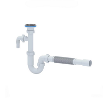Сифон для умывальника АНИ Пласт DB1315 1 1/4″x32 трубный, с гофрой 32х32/40 мм, с отводом (штуцером), выпуск с нержавеющей решеткой диаметром 65 мм