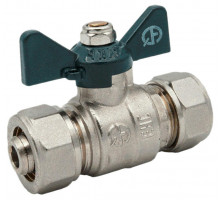 Кран шаровой AQUALINK Ц-Ц ДУ-20x20 PN-10 неполнопроходной муфтовый со сгоном для МП труб, латунный, компрессионное/компрессионное, управление ручка-бабочка
