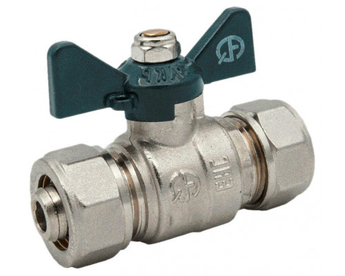 Кран шаровой AQUALINK Ц-Ц ДУ-20x20 PN-10 неполнопроходной муфтовый со сгоном для МП труб, латунный, компрессионное/компрессионное, управление ручка-бабочка