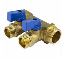 Коллектор Aquasfera 9025-03 3/4″ ДУ-20 Py16 выходов 4x1/2″ с шаровыми синими кранами внутренняя/наружная резьба, выходы наружная резьба, корпус латунь, с межосевым расстоянием выходов 35 мм