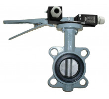 Затвор поворотный ABRA BUV-VF863D DN80 PN-16, корпус - серый чугун EN-GJL-250, диск - нержавеющая сталь AISI 316, уплотнение – NBR, с рукояткой, с двумя концевыми датчиками и кронштейном для крепления концевых выключателей
