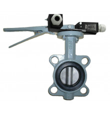 Затвор поворотный ABRA BUV-VF863D DN50 PN-16, корпус - серый чугун EN-GJL-250, диск - нержавеющая сталь AISI 316, уплотнение – NBR, с рукояткой, с двумя концевыми датчиками и кронштейном для крепления концевых выключателей