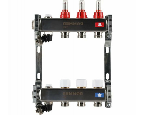 Коллектор стальной ROMMER RMS-1201 с расходомерами, с клапаном выпуска воздуха и сливом, 3 выхода