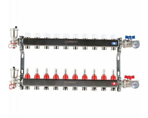 Коллектор стальной ROMMER RMS-1210 в сборе с расходомерами, 10 выходов