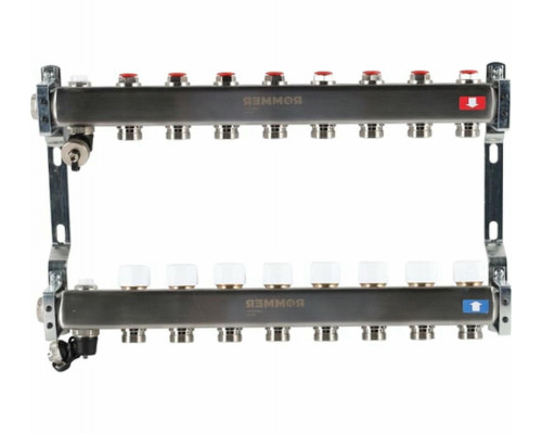 Коллектор стальной ROMMER RMS-3201 в сборе без расходомеров, с клапаном выпуска воздуха и сливом, 8 выходов