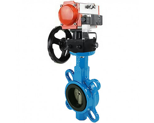 Затвор дисковый поворотный 1332N-2W-Fb-H DN125 PN-16, корпус - чугун G50, диск - AISI 316L, NBR, с пневмоприводом DA-105, пневмораспределителем 4M310-08 220V и ручным дублером HDM-3