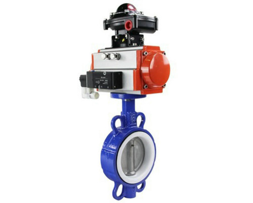 Затвор дисковый поворотный WCB-316L-PTFE DN50 PN-16 межфланцевый, корпус - 09Г2С WCB, диск - AISI 316L, PTFE, с пневмоприводом SA-105, пневмораспределителем 4V320-08 AC220V и БКВ APL-210N