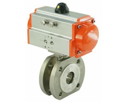 Кран шаровой BV3232P-FP-Fb ДУ-20 PN-16, корпус - сталь 316, уплотнение - PTFE, полнопроходной, межфланцевый с пневмоприводом SA-052 с возвратными пружинами