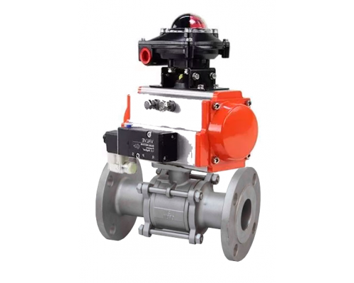 Кран шаровой КШФПТ-ISO.304.180 ДУ-100 PN-16 трехсоставной из нержавеющей стали SS304, фланцевый, полнопроходной с пневмоприводом DA-130, пневмораспределителем 4M310-08 24VDC, БКВ APL-210N и БПВ AFC2000