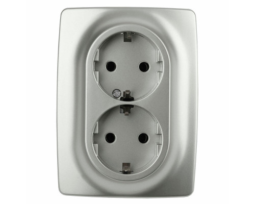 Розетка ЭРА серия 12 12-2108 2X2P+E Schuko со шторками, 16A-250В, 2-местная, для скрытой установки, с заземлением, IP20, цвет - алюминиевый
