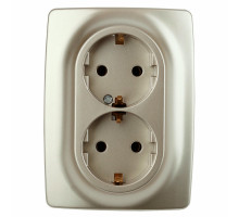 Розетка ЭРА серия 12 12-2108 2X2P+E Schuko со шторками, 16A-250В, 2-местная, для скрытой установки, с заземлением, IP20, цвет - шампань