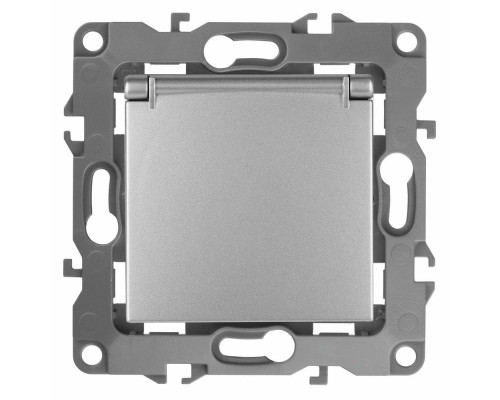 Розетка ЭРА серия 12 12-2103 2P+E Schuko со шторками с крышкой, 16A-250В, 1-местная, для скрытой установки, с заземлением, IP20, цвет - алюминиевый