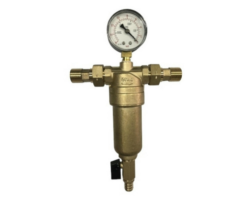 Фильтр тонкой очистки промывной EUROS EU.ST6198 Ду-15 Ру-25 с колбой и манометром, латунный без покрытия, наружная/НР