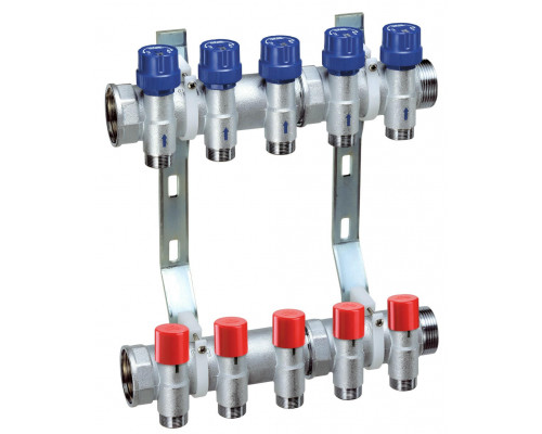 Коллекторная группа FAR FK 3928 ДУ-25-2х1/2″ PN-10, наружная/внутренняя резьба, с подающими запорно-балансировочными клапанами и обратными терморегулирующими клапанами, с 2-мя выходами ДУ-15 Eurokonus, выходы наружная резьба, корпус латунь