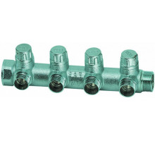 Коллектор запорно-балансировочный FAR Multifar FK3873 ДУ-25-4х1/2″ PN-10, наружная/внутренняя резьба с 4-мя выходами ДУ-15 Eurokonus, выходы наружная резьба, проходной, корпус латунь