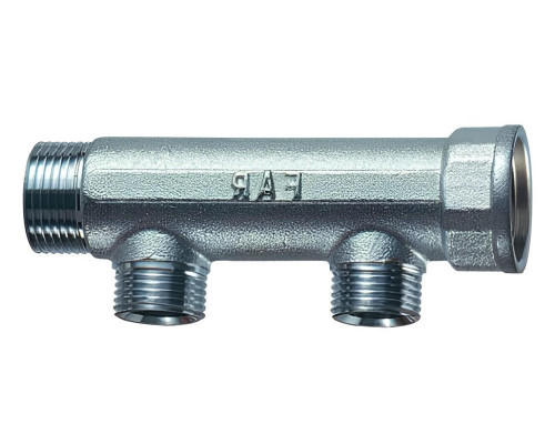Коллектор нерегулируемый FAR FK 3625 ДУ-25-2х1/2″ PN-10, наружная/внутренняя резьба с 2-мя выходами ДУ-15, выходы наружная резьба EUROKONUS, проходной, корпус латунь CW617N