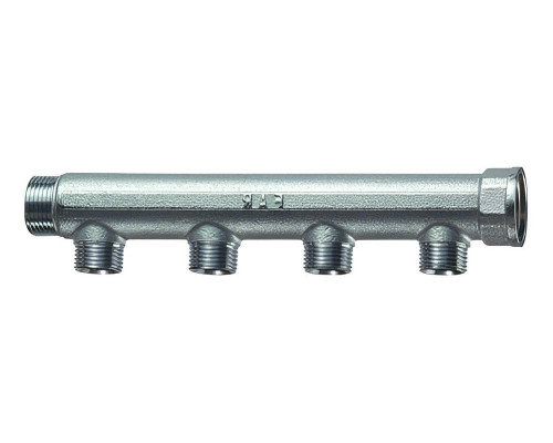 Коллектор нерегулируемый FAR FK 3725 ДУ-25-4х3/4″ PN-10, наружная/внутренняя резьба с 4-мя выходами ДУ-20, выходы наружная резьба с плоским уплотнением, проходной, корпус латунь CW617N