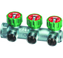 Коллектор регулирующий FAR Multifar FK 3819 ДУ-20-2х3/4″ PN-10, внутренняя резьба с 3-мя выходами ДУ-15 Eurokonus, выходы наружная резьба, концевой, корпус латунь CB752S