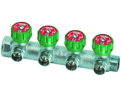 Коллектор регулирующий FAR Multifar FK3824 ДУ-25-4х3/4″ PN-10, наружная/внутренняя резьба с 4-мя выходами ДУ-20 Eurokonus, выходы наружная резьба, проходной, корпус латунь