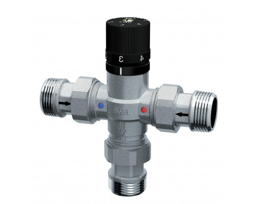 Смеситель термостатический FAR Termo FA 3956 1/2″ ДУ-15 Ру-10 трехходовой, американка, черная ручка, с обратными клапанами