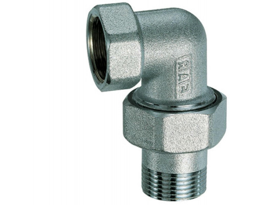 Соединитель латунный FAR FC 5200 3/4″ Dn-20 PN-10 3-х компонентный угловой хромированный, уплотнение - PTFE , присоединение ВР - американка